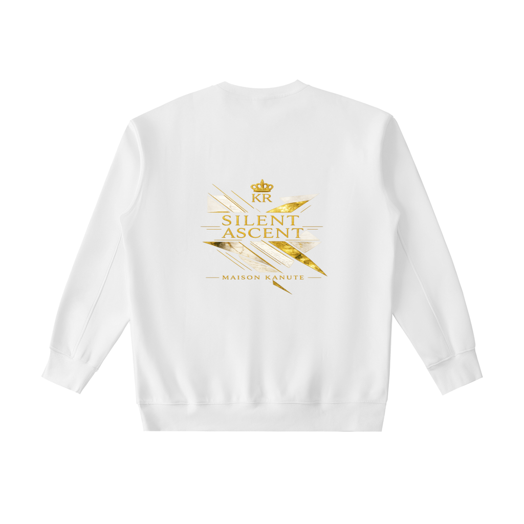 silent ascent,luxury streetwear,designer crewneck,white crewneck,premium sweatshirt,gold graphic,minimalist fashion,billionaire aesthetic,limited drop,unisex luxury