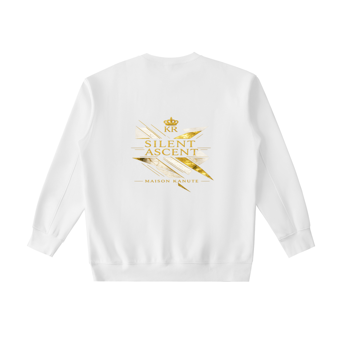 silent ascent,luxury streetwear,designer crewneck,white crewneck,premium sweatshirt,gold graphic,minimalist fashion,billionaire aesthetic,limited drop,unisex luxury