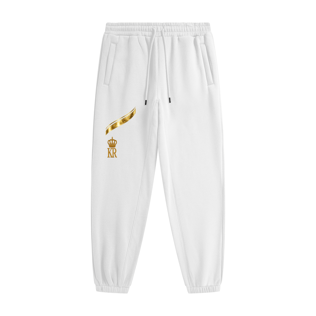 luxury joggers,white sweatpants,designer joggers,street luxury,gold logo pants,Kanute Royal,premium fleece,Paris fashion,high fashion joggers,unisex sweatpants
