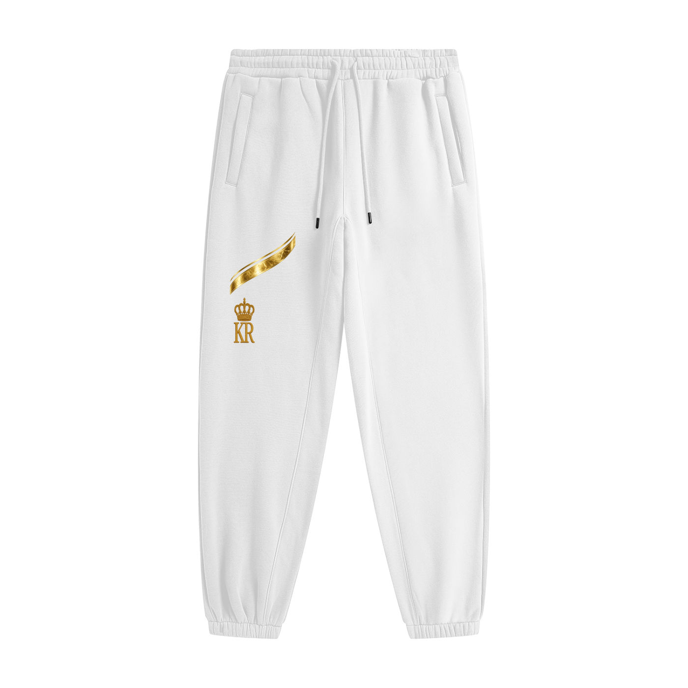 luxury joggers,white sweatpants,designer joggers,street luxury,gold logo pants,Kanute Royal,premium fleece,Paris fashion,high fashion joggers,unisex sweatpants