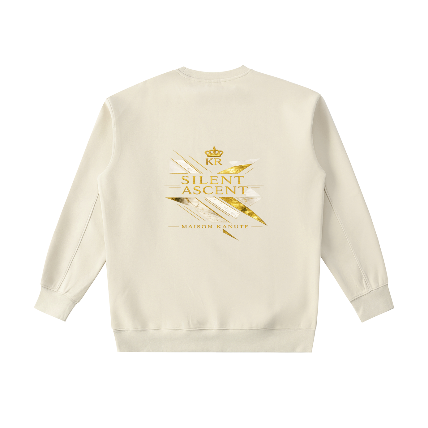 silent ascent,luxury streetwear,designer crewneck,white crewneck,premium sweatshirt,gold graphic,minimalist fashion,billionaire aesthetic,limited drop,unisex luxury
